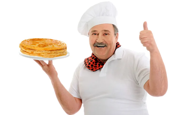 Chef with pancakes — Stock Photo, Image
