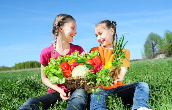 Kids with basket of vegetables — Stock Photo, Image