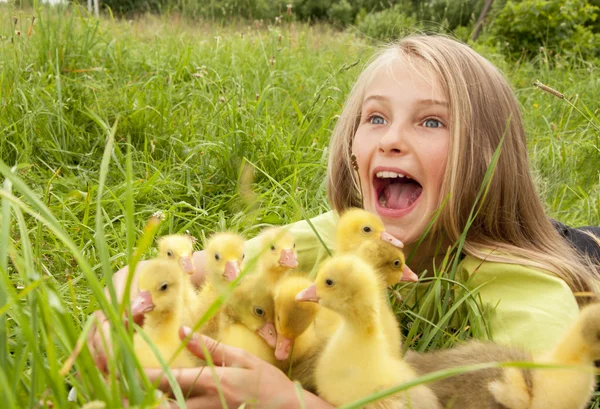 Ragazza con goslings — Foto Stock