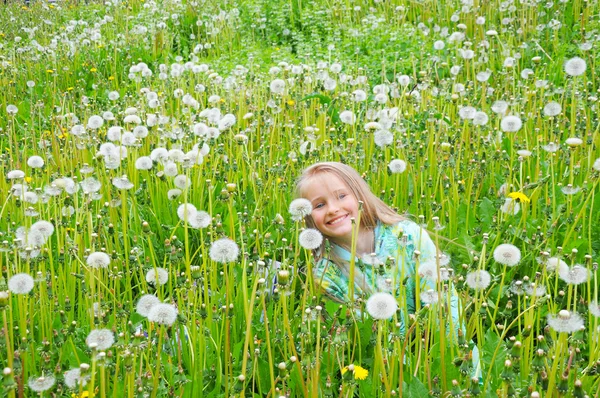 Little girl in white dandelion — Stock Photo, Image