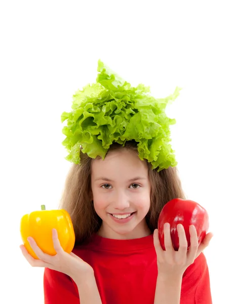 Funny little girl with fresh vegetables — Stock Photo, Image