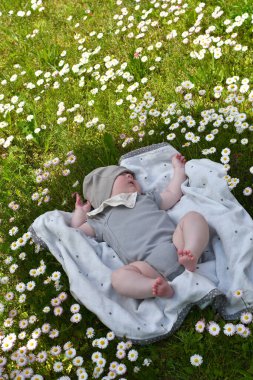 Little cute baby resting on the grass lawn with daisies. Top view