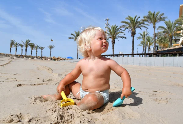 Portrait Cute Toddler Boy Playing Sand Beach Sunlight Summer Vacation — Stock Photo, Image