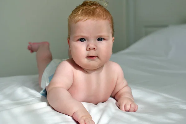 Bright Morning Portrait Cute Months Baby Lying Bed Sweet Newborn — Foto de Stock