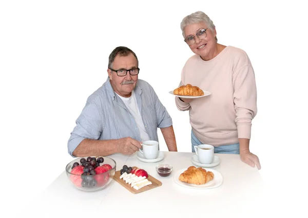 Senior Couple Having Breakfas Elderly Man Woman Enjoing Hot Coffee — Stock fotografie
