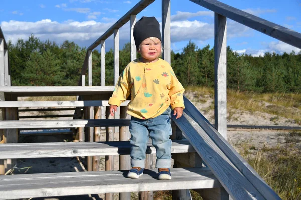 Outdoor Portret Van Schattige Kleine Peuter Jongen Zittend Een Houten — Stockfoto