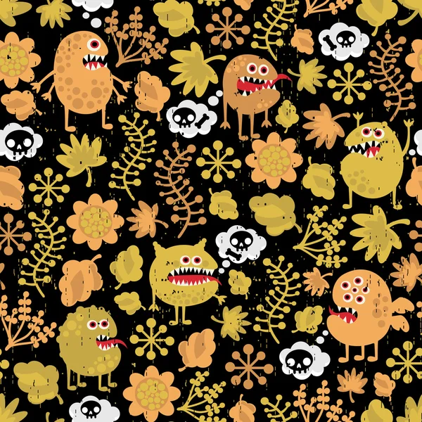 Cute monsters seamless texture with yellow leaves. — Stock Vector