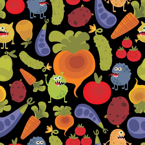 Vegetables and fruits with microbes seamless background. — Stock Vector