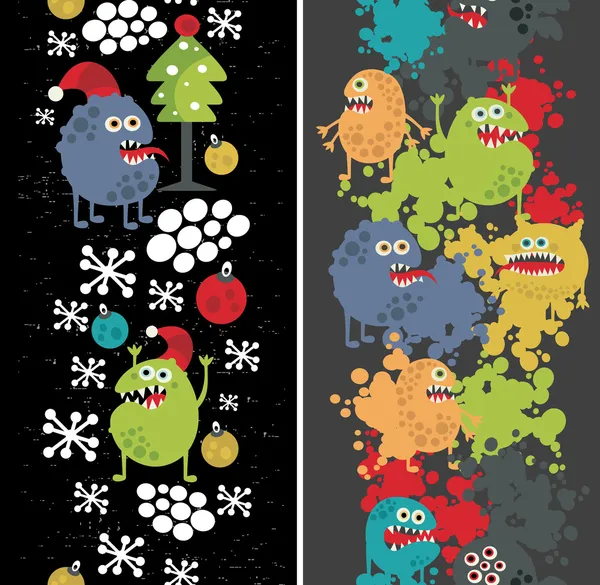 Two vertical seamless patterns with monsters, paint and snow. — Stock Vector