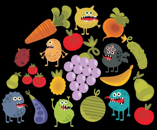 Légumes et fruits aux microbes . — Image vectorielle