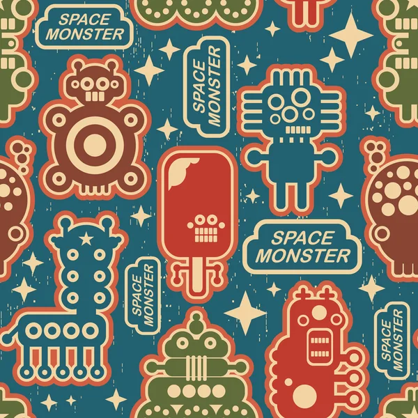 Vintage seamless texture with monsters and robots. — Stock Vector