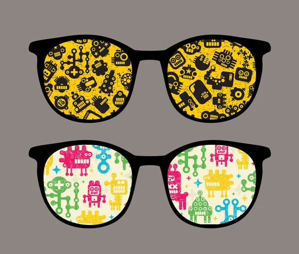 Retro sunglasses with robot pattern reflection in it. — Stock Vector