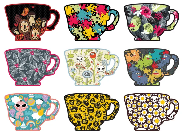 Conjunto de tazas de té lindo con patrones . — Vector de stock