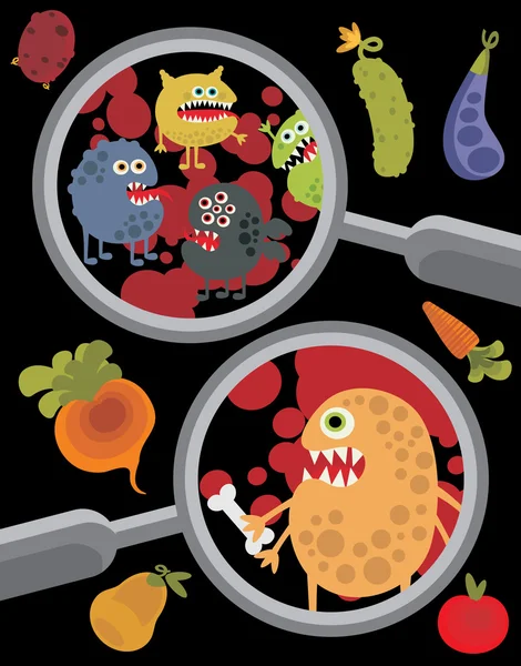Magnifying glass and microbes in it. — Stock Vector
