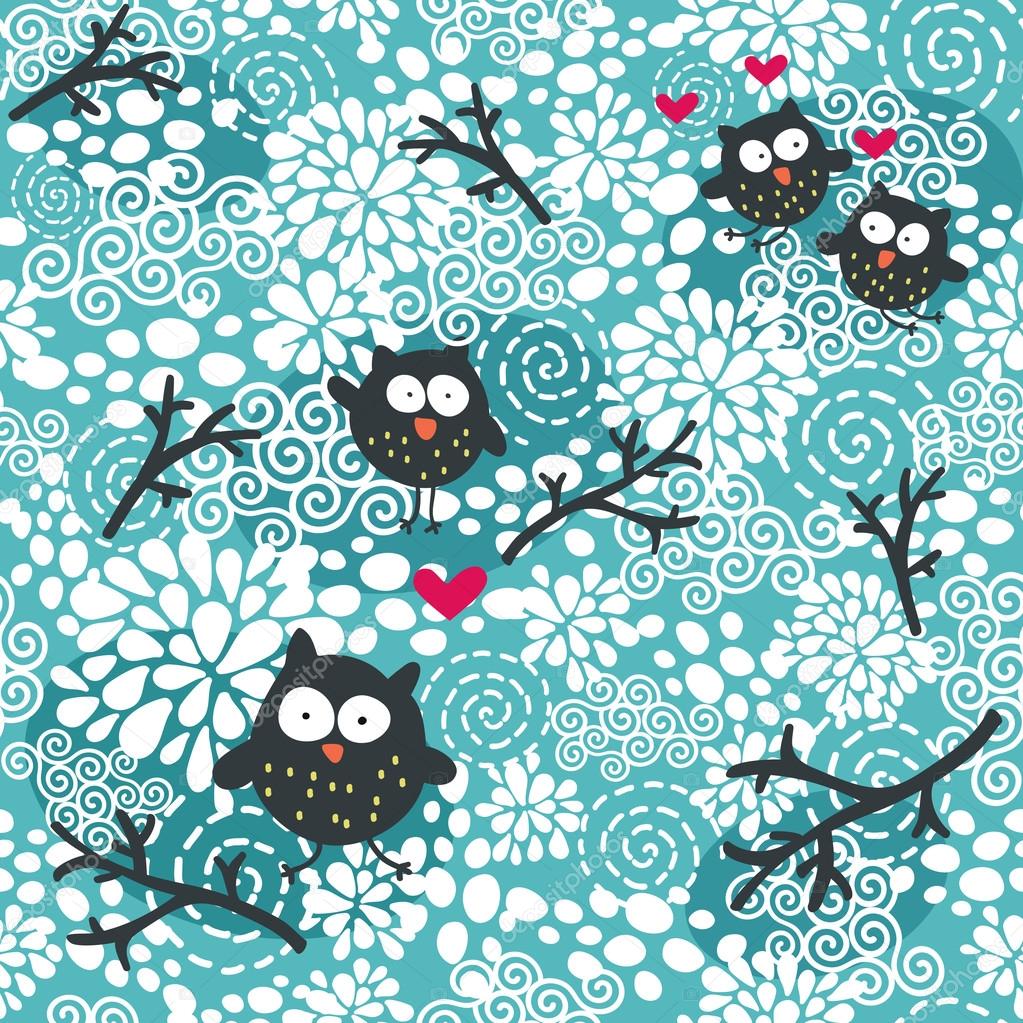 Winter seamless pattern with owls and snow.