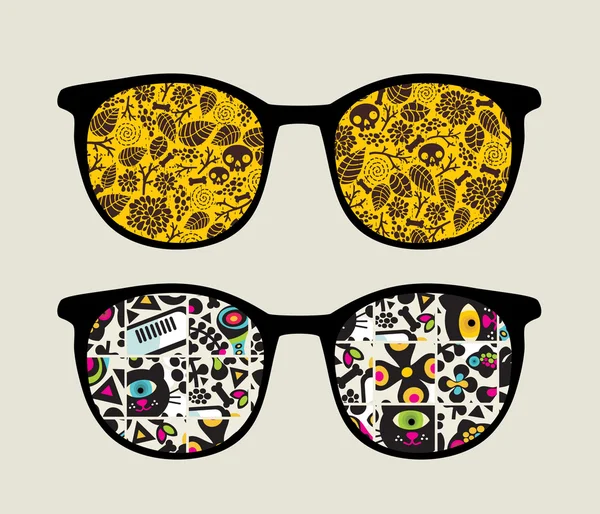Retro sunglasses with monster pattern reflection in it. — Stock Vector