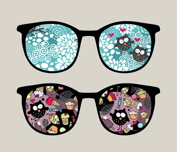 Lunettes de soleil rétro avec reflet de hiboux fous dedans . — Image vectorielle