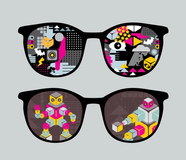 Retro sunglasses with robots reflection in it. — Stock Vector