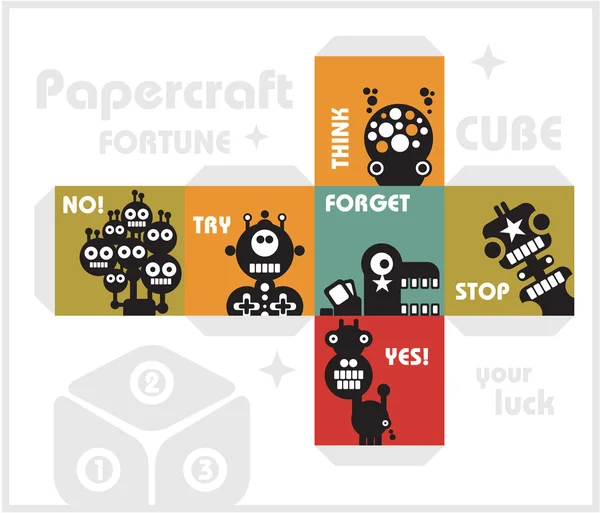 Cubo de papel con monstruos para la suerte . — Archivo Imágenes Vectoriales