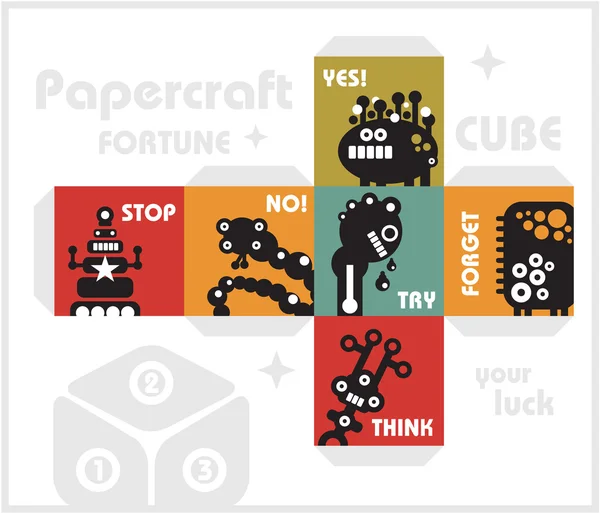 Cubo de papel con monstruos para la suerte . — Archivo Imágenes Vectoriales
