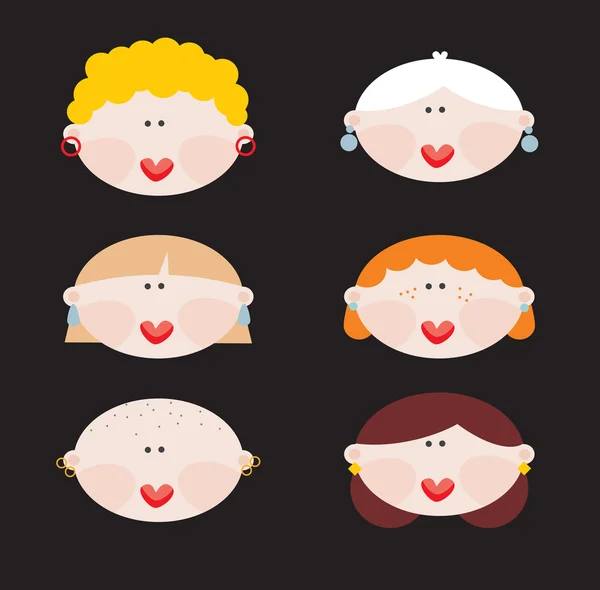 Seis caras de mujeres lindas . — Vector de stock