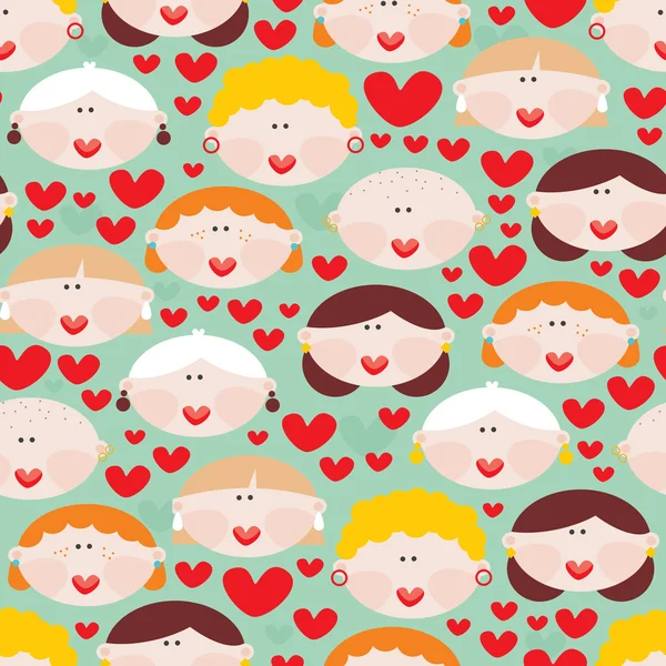 Seamless pattern with female faces and hearts. — Stock Vector