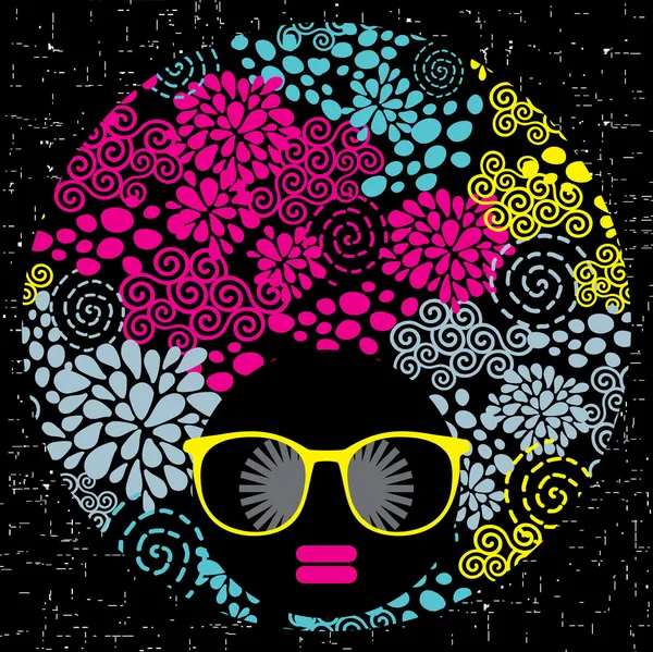 Zwarte hoofd vrouw met vreemde patroon op haar haren. — Stockvector