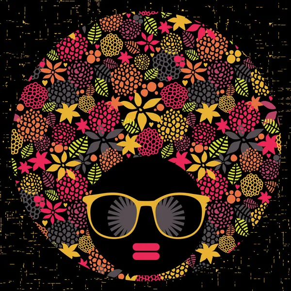 Femme tête noire avec un motif étrange sur ses cheveux . — Image vectorielle