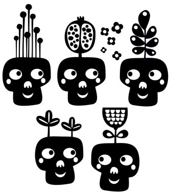 Funny skulls with flowers. clipart