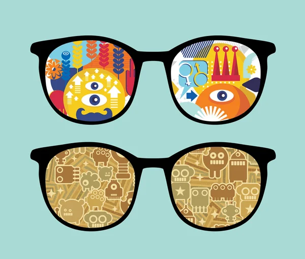 Gafas de sol retro con reflejo de robots en ella . — Archivo Imágenes Vectoriales