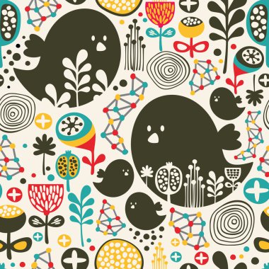 kuşlar, çiçekler ve geometrik öğelerle birlikte serin seamless modeli.