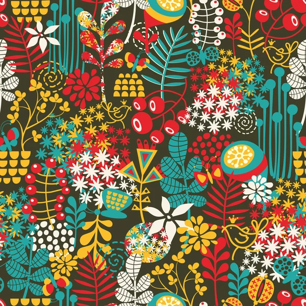 Magnifique motif sans couture avec des oiseaux mignons et de jolies fleurs . — Image vectorielle