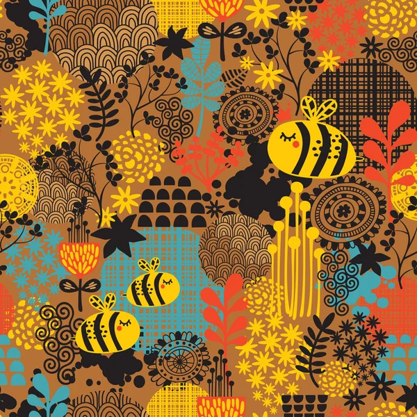 无缝模式与鲜花和蜜蜂. — 图库矢量图片