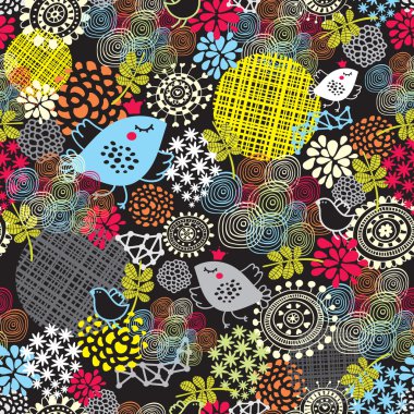 Sevimli kuşlar ve çiçeklerle kusursuz desen.