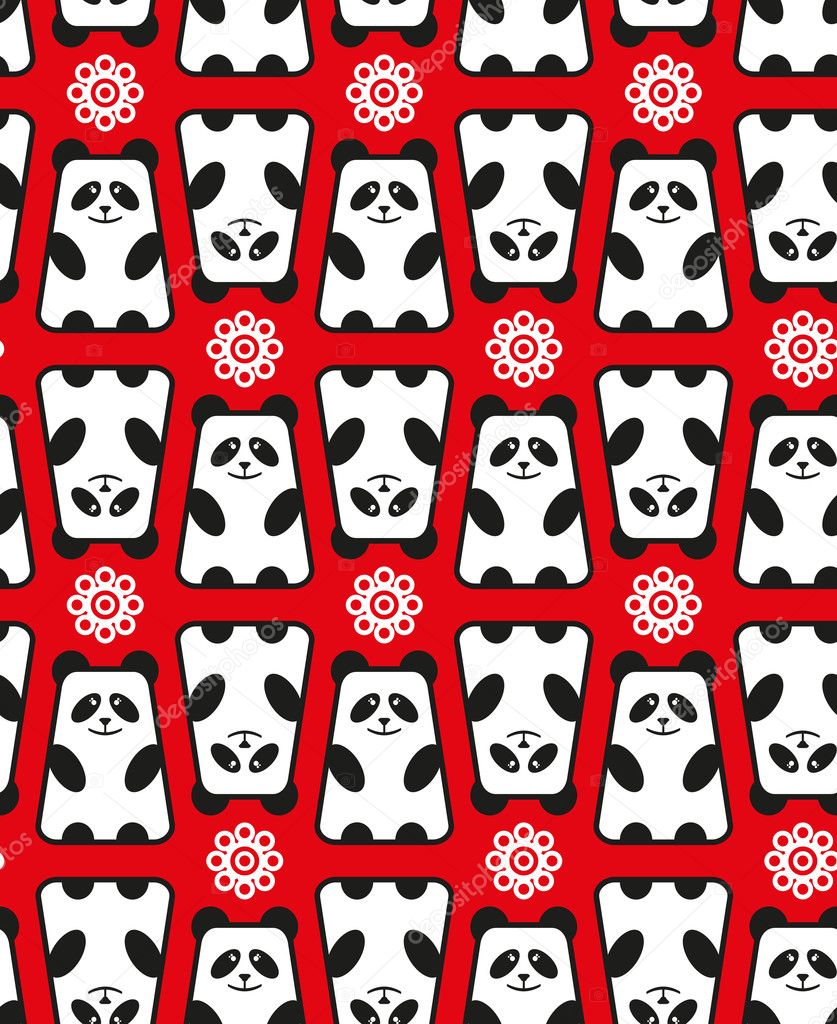 Seamless pattern with panda and flowers.