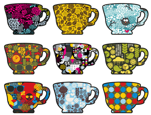 Set of cute tea cups with patterns.