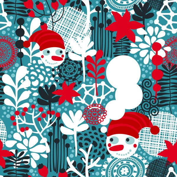 Seamless pattern with snowman and flowers. — Stock Vector