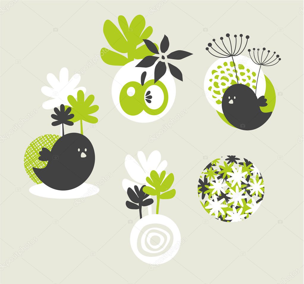 Design elements with birds and flowers.