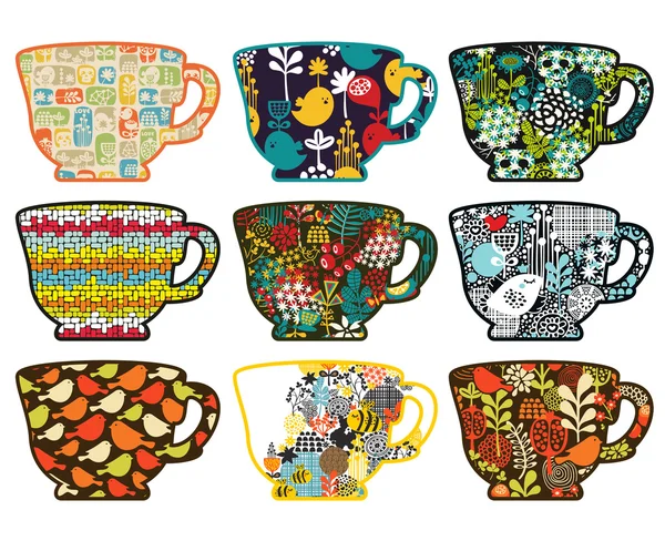 Colección de tazas de té con diferentes patrones . — Vector de stock