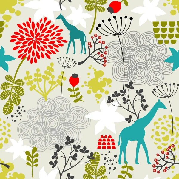 Naadloze patroon met giraffe en bloemen. — Stockvector