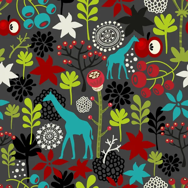 Naadloze patroon met giraffe en bloemen. — Stockvector