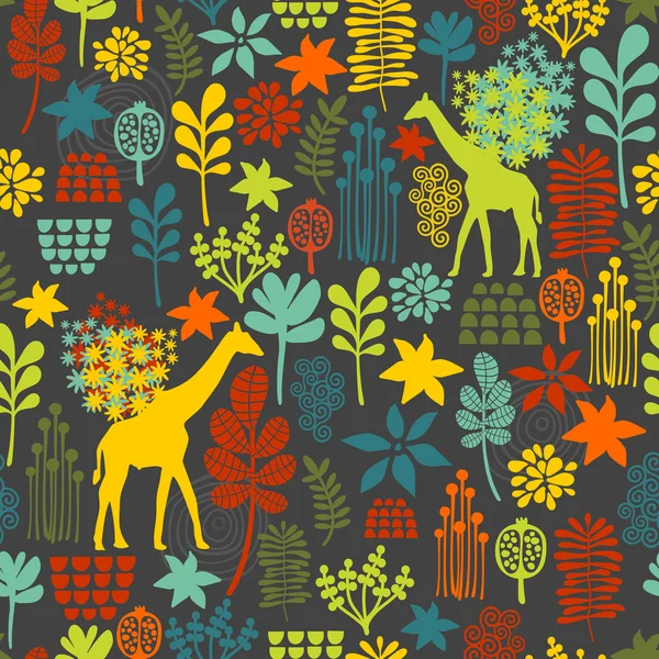Naadloze achtergrond met giraffe en bloemen. — Stockvector