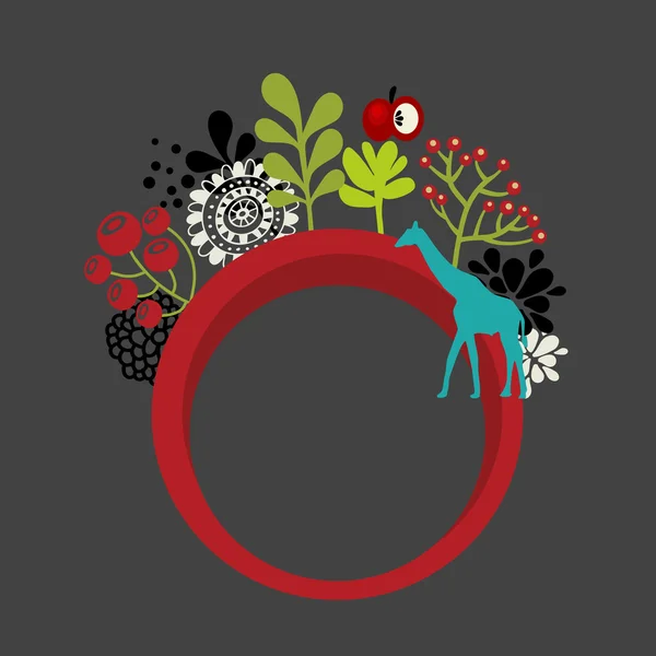 Ronde banner met bloemen en giraffe. — Stockvector