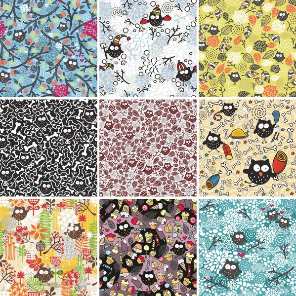 Big set of seamless patterns with cute owls. — Stock Vector