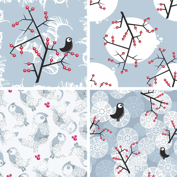 Ensemble de motifs hivernaux sans couture avec des oiseaux . — Image vectorielle