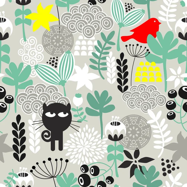 Seamless pattern with black cat hunting. — Stock Vector