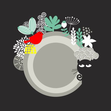 Kara kedi ve kırmızı kuş ile yuvarlak banner.