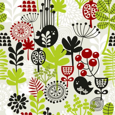 Sevimli kuşlar ve çiçeklerle kusursuz desen.