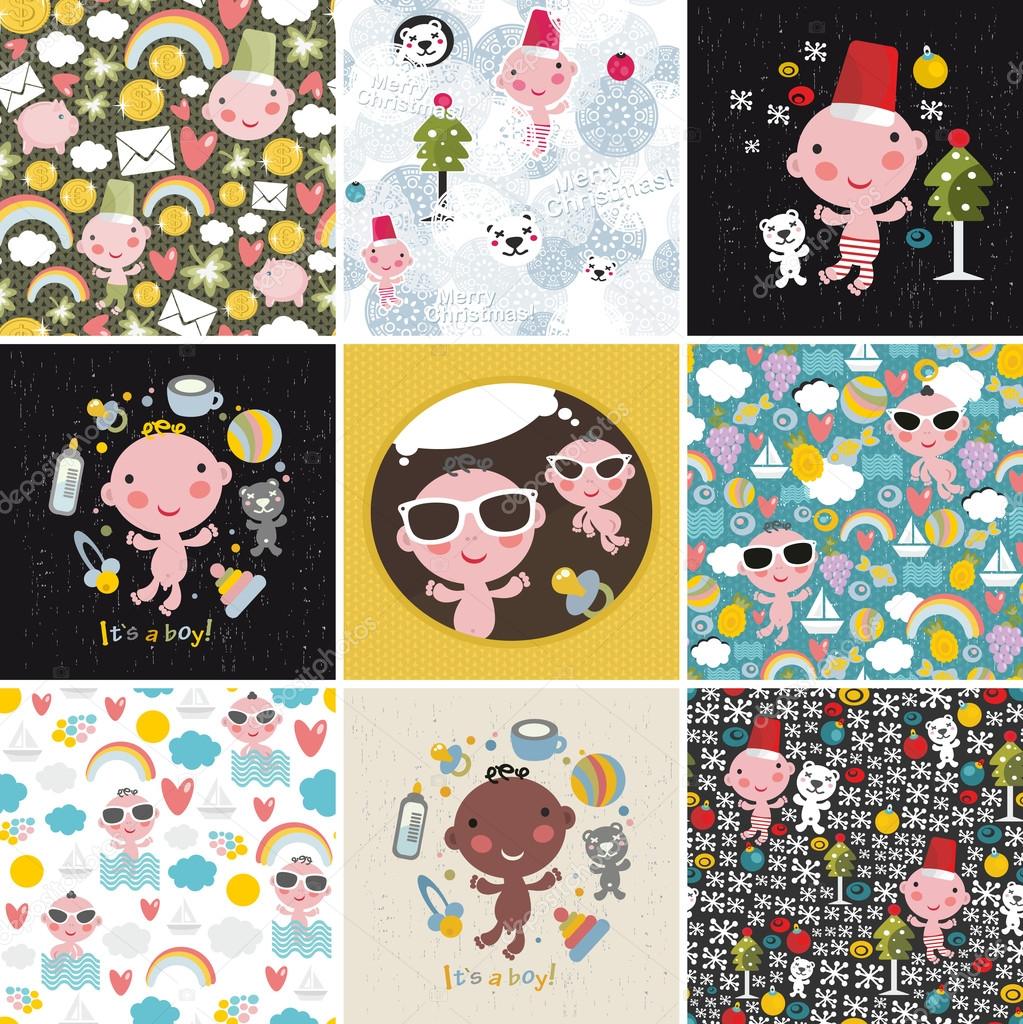 Big set of vector patterns with cute little baby.