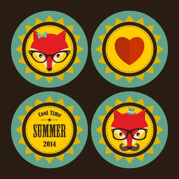 Set of sunny labels with hipster fox and heart. — Stock Vector